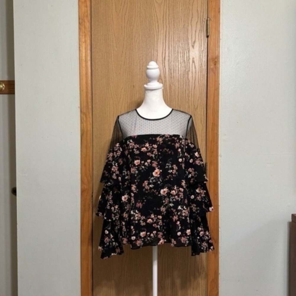 White House Black Market Medium w/Floral Print Mesh Blouse w/Tiered Bell Sleeves